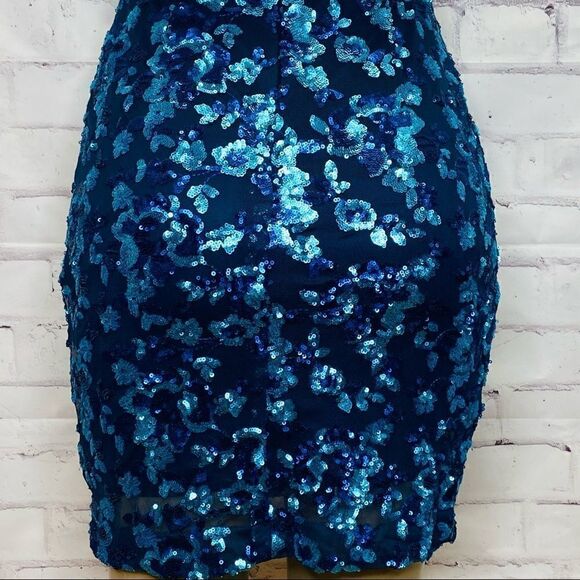 BELLE BADGLEY MISCHKA PARIS DRESS SEQUIN BLUE MULTI FLORAL BL2282 size 0 - Picture 8 of 16
